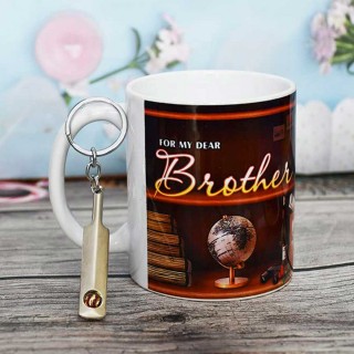 Ceramic Coffee Mug and Metal Cricket Bat Keychain - Unique Gift for Brother