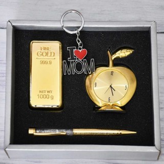 Gift for Maa - 4 in 1 Gift Box - Paperweight, Crystal Pen, Apple Clock and I Love Mom Keychain