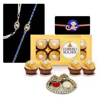 Family Rakhi Set - Evil Eye Rakhi for Bhaiya Bhabhi and kids with Chocolate Box and Pooja Thali
