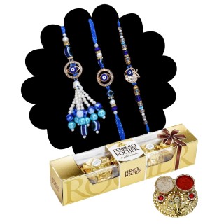 Family Rakhi Gift - Evil Eye Rakhi Set with Chocolate & Roli Chawal Plate
