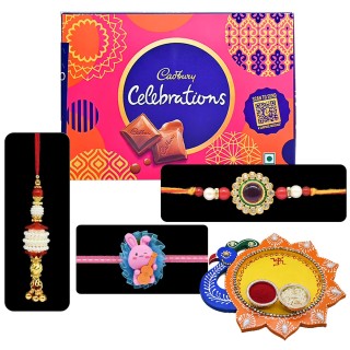 Rakhi for Bhaiya Bhabhi and Kid with Chocolate and Pooja Thali