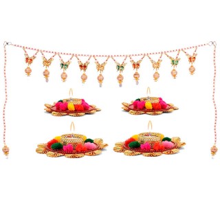 Diwali Decoration - Decorative Candle Set of 4 with Toran - Toran for Home-Pooja Room-Door-Shubh Labh Door Hanging