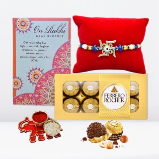 Religious Rakhi for Brother with Chocolate and Greeting Card