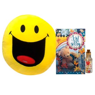 Sorry Gift Combo - Sorry Card, Smiley Cushion & Message bottle
