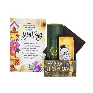 Birthday Gift Hamper For Men & Boys Set Of A Wooden Box - Greeting Card -Wallet - Deo - Key Chain