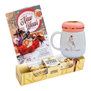 New Year Gift for Girls, Women - Chocolate with Ceramic Mug with Lid and New Year Card