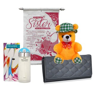 Rakhi Gift For Sister - Sister Scroll Card, Branded Perfume, Soft Toy & Women's Wallet