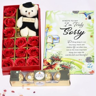 Apology Gifts - Sorry Greeting Card, Chocolate and Gift Box with Soft Toy, 12 Scented Roses