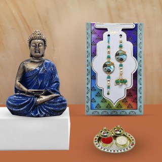 Designer Bhaiya Bhabhi Rakhi Set with Meditating Buddha Idol Good Luck Gift