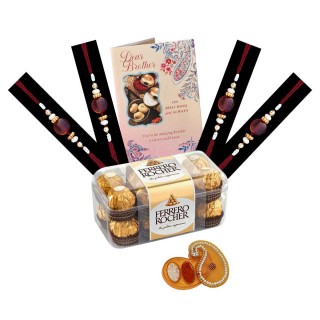 Pack of 4 Thread/Dora for Brother - Chocolate with Roli Chawal Pack & Greeting Card - Bhai Dooj Gift