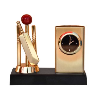 Premium Cricket Gift - Metal Table Pen Stand With Analog Watch Of Cricket Theme
