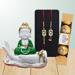 Evil Eye Couple Rakhi for Bhaiya Bhabhi with Gift - Palm Buddha Idol and Chocolate