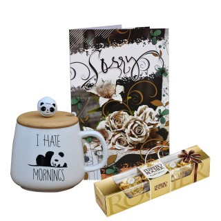 Sorry Greeting Card with Panda Coffee Mug with Lid & Chocolate