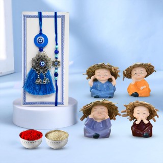 Rakhi Gift Set - Evil Eye Rakhi for Bhaiya & Bhabhi with Monk Buddha Showpiece Combo and Roli Chawal