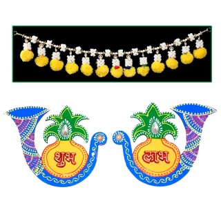 Artificial Mogra & Genda Flower Toran and Peacock Shubh Labh Pair