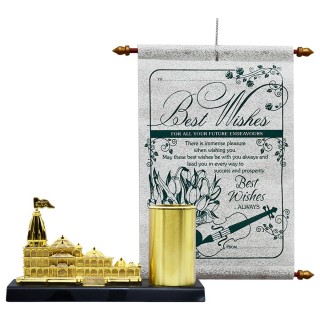 Best Wishes Gift for Friend - Scroll Card, Shri Ram Mandir Showpiece with Pen Stand and Card Holder