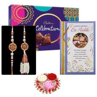 Rakshabandhan Gift Combo - Bhaiya Bhabhi Rakhi, Greeting Card, Cadbury Celebration & Roli Chawal