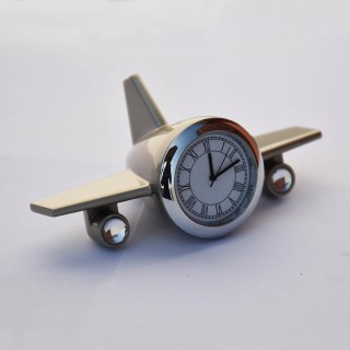 Silver Aeroplane Table Clock Showpiece for Office Desk and Study Table