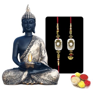 Raksha Bandhan Gift Hamper for Bhaiya Bhabhi - Evil Eye Rakhi with Lord Buddha Showpiece and Roli Chawal Plate