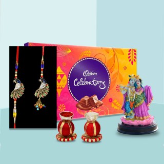 Rakhi for Brother & Bhabhi with Chocolate Box and Radha Krishna Idol