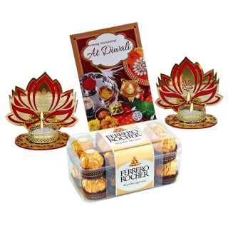 Gift Combo - Lakshmi Ganesha Lotus Tealight Candle Holder with Tealight candles, Diwali Greeting Card with Chocolate
