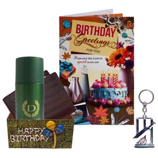 Birthday Gift Hamper For Men & Boys Set Of A Wooden Box - Greeting Card, Wallet, Mens Deo, and Keychain