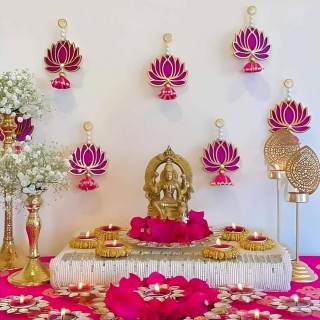 Lotus Hangings for Decoration / Floral Wall Hangings for Temple Decor, Home Decor - Pooja - Diwali Decoration (Pack of 6)