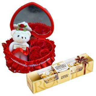 Heart Shape Mirror Box With Red Rose Floral Scented Flowers And Soft Teddy-Ferrero Rocher Chocolate