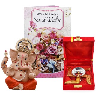 Spiritual Gift for Mother - Lord Ganesha Idol, Swastik Diya with Red Velvet Gift Box, and Greeting Card