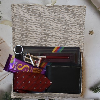Gift for Men - Chocolate, Leather Wallet, Tie, Parker Pen, Cricket Keychain with Decorative Box - Birthday Gift for Boys - Anniversary Gift for Him