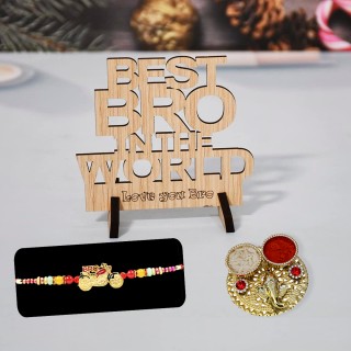 Raksha Bandhan Gift for Brother - Bike Rakhi with Best Bro in the World Showpiece and Roli Chawal Plate