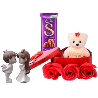 Best Love Gift for Girls, Boys - Couple Showpiece, Gift Box with Teddy Bear and Red Rose, Silk Chocolate