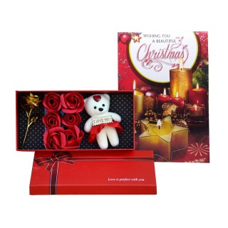 Christmas Gift for Girls, Boys - Christmas Card and Small Teddy with 1 Golden Rose and 6 Red Rose Flowers