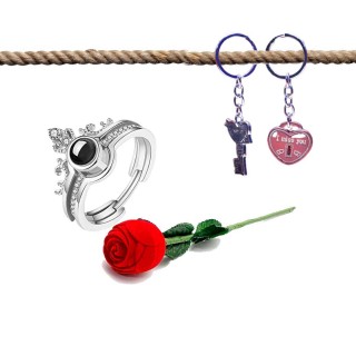 Love Gift - Velvet Red Rose Ring Box with Ring - Love Key Chain