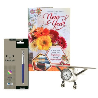 Happy New Year Gift - Greeting Card, Aeroplane Table Clock Showpiece, Parker Pen