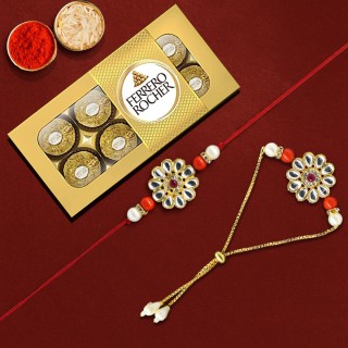 Rakhi for Bhaiya & Bhabhi - Kundan Rakhi Combo & Floral Lumba Bracelet with Chocolate Gift