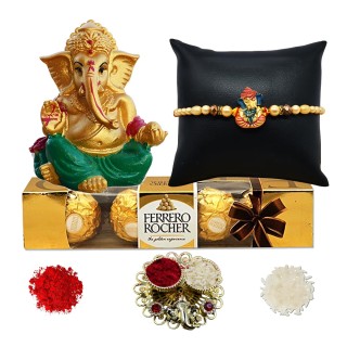 Rakhi Gift Combo for Bhaiya - Ganesh ji Rakhi with Ganesha Idol, Chocolate, & Roli Chawal Chopra