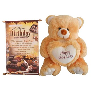 Happy Birthday Soft Teddy Bear & Birthday Wishes Scroll Card