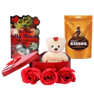 Valentine Gift for Girlfriend, Wife, Boyfriend, Husband - Love Card, Heart Shape Box (Soft Teddy with 3 Red Roses), Chocolate - Surprise Gift