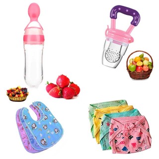 Feeding Bottle, Fruit Nibbler, Feeding Bibs, and Cotton Diaper/Langot for Newborn Baby (Pack of 4)