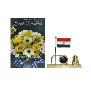 Best Wishes Gift Combo - Best Wishes Card, Indian Flag with Table Clock and Ganesha Idol Metal Showpiece