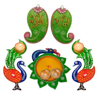 Diwali Decoration - Decorative Pooja Thali & Candle Set of 2 with Shubh Labh Door Hanging - Toran for Home-Pooja Room-Door-Wall HangingShubh Labh-Diwali Diya