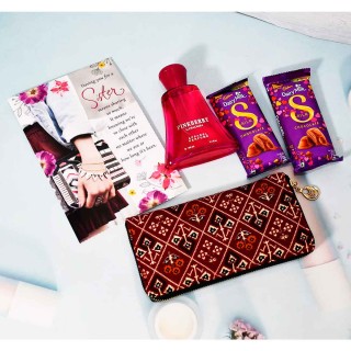 Special Gift for Sister - Greeting Card, Hand Wallet, 2 Silk Chocolates and Pinkberry Perfume