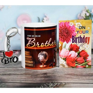 Birthday Gift for Brother - Birthday Greeting Card, Ceramic Coffee Mug and I Love Bro Key Chain