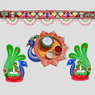 Fabric Main Door Hanging Toran With Wooden Pooja Thali and Peacock Tea Light Candle Stand For Decoration