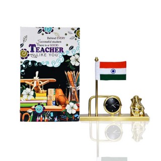 Teacher Greeting Card, Indian Flag with Table Clock and Ganesha Idol Metal Showpiece - Gift for Teacher