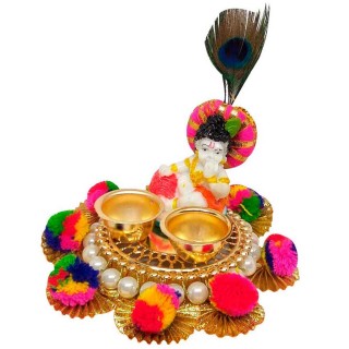 Cute Kanha Ji with Beautiful Decorative Bhog Thali for Pooja