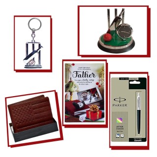 Best Gift Combo for Father  - Greeting Card, Cricket Clock Showpiece, Wallet, Ball Pen, and Cricket Keychain