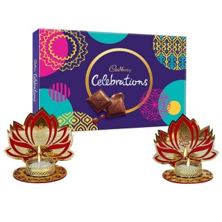 Chocolate Box And Designer Laxmi Ganesh Lotus Tea Light Candle Stand with Candles