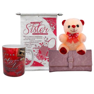 Rakhi Gift for Sister - Scroll Card, Soft Toy, Women's Wallet & Coffee Mug